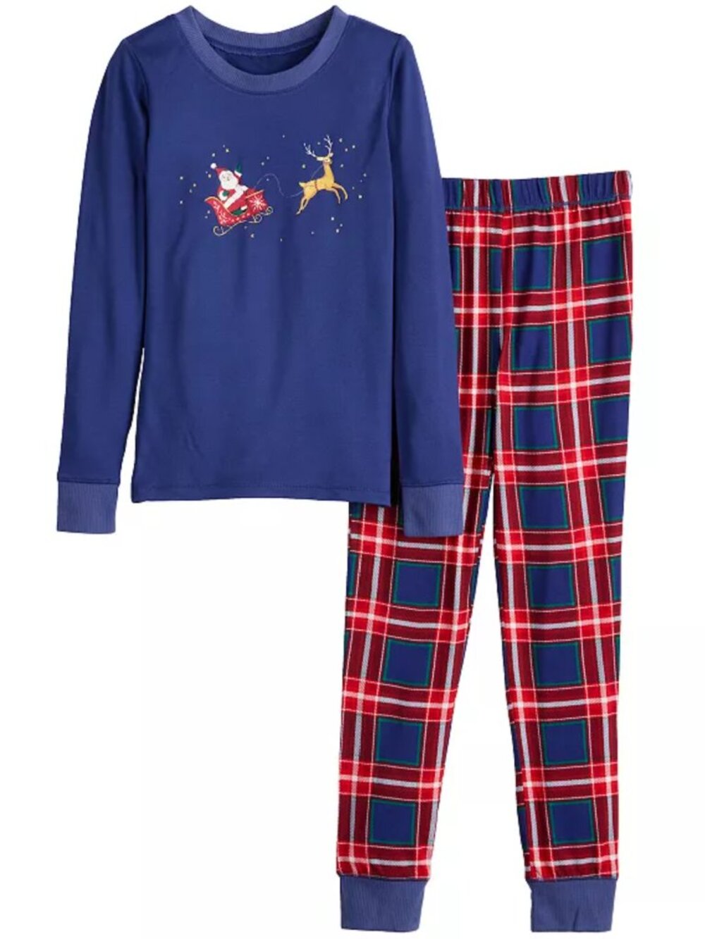Santa Christmas Pajamas 10 Reindeer Blue Plaid Long Sleeve Top & Bottoms Unisex